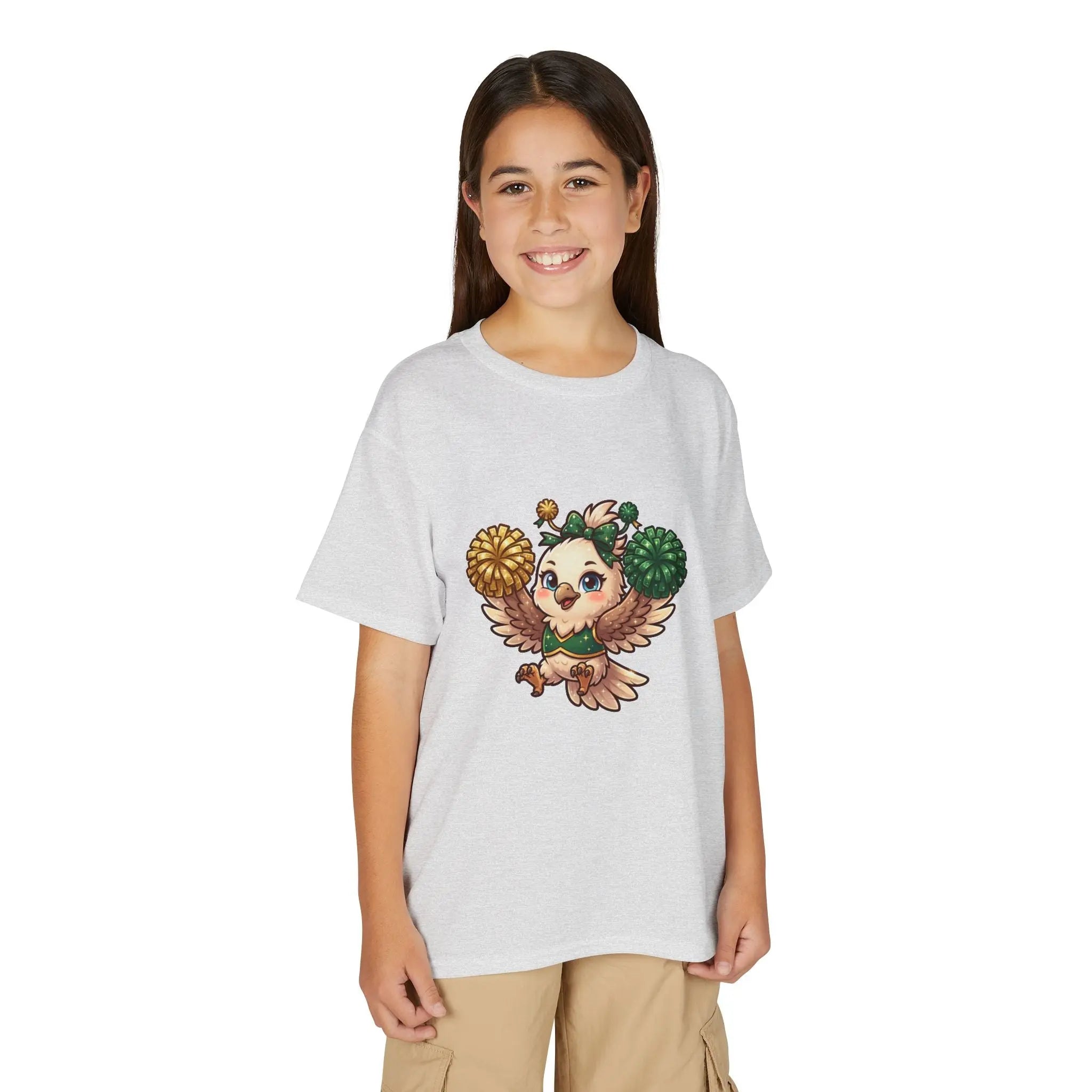 Youth Cheerleader Owl T-Shirt — Cute Pom-Pom Mascot Tee for Kids Printify