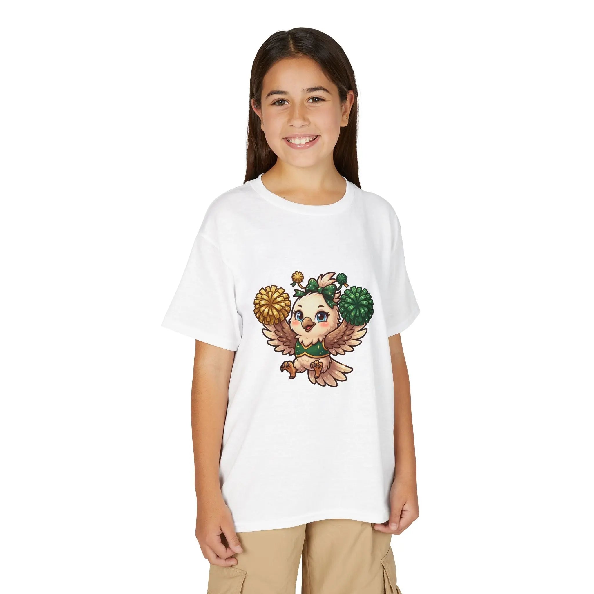 Youth Cheerleader Owl T-Shirt — Cute Pom-Pom Mascot Tee for Kids Printify