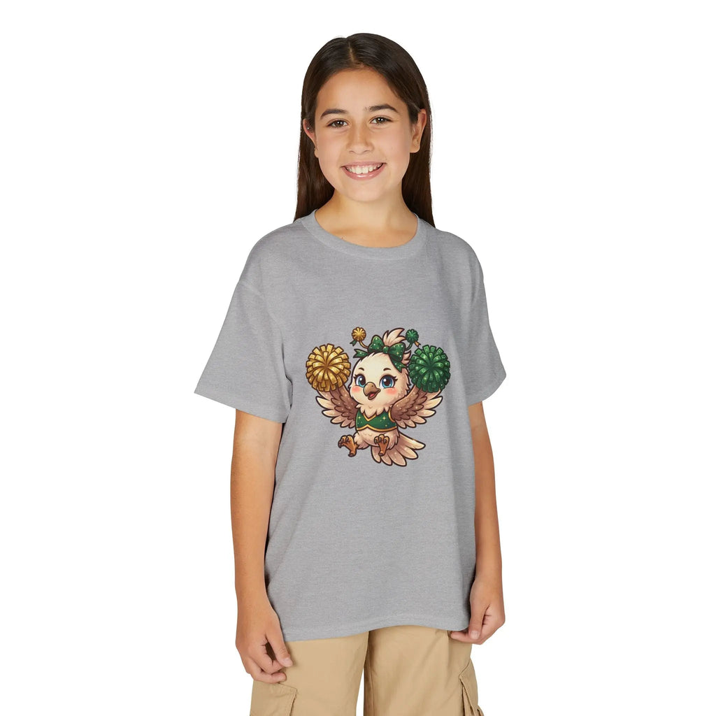 Youth Cheerleader Owl T-Shirt — Cute Pom-Pom Mascot Tee for Kids Printify