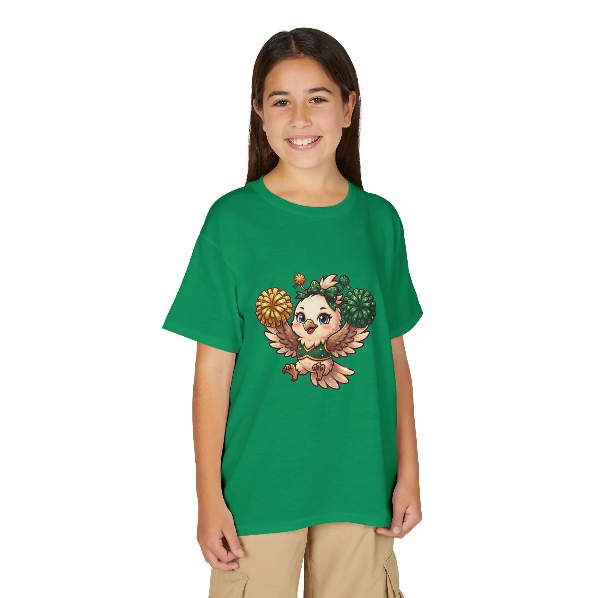 Youth Cheerleader Owl T-Shirt — Cute Pom-Pom Mascot Tee for Kids Printify