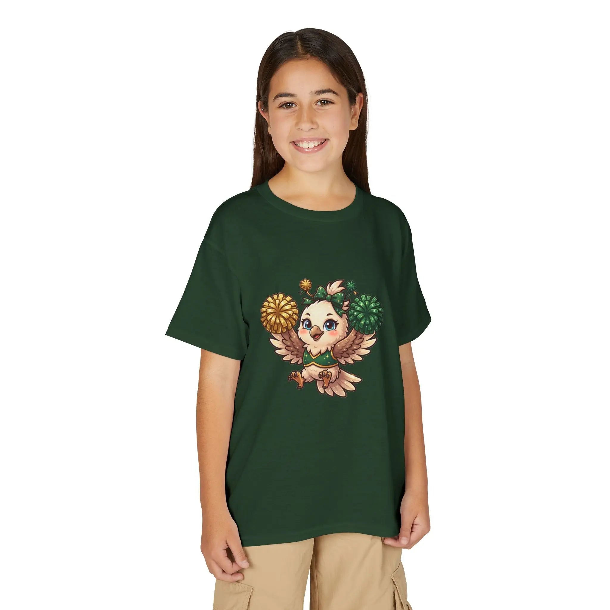 Youth Cheerleader Owl T-Shirt — Cute Pom-Pom Mascot Tee for Kids Printify