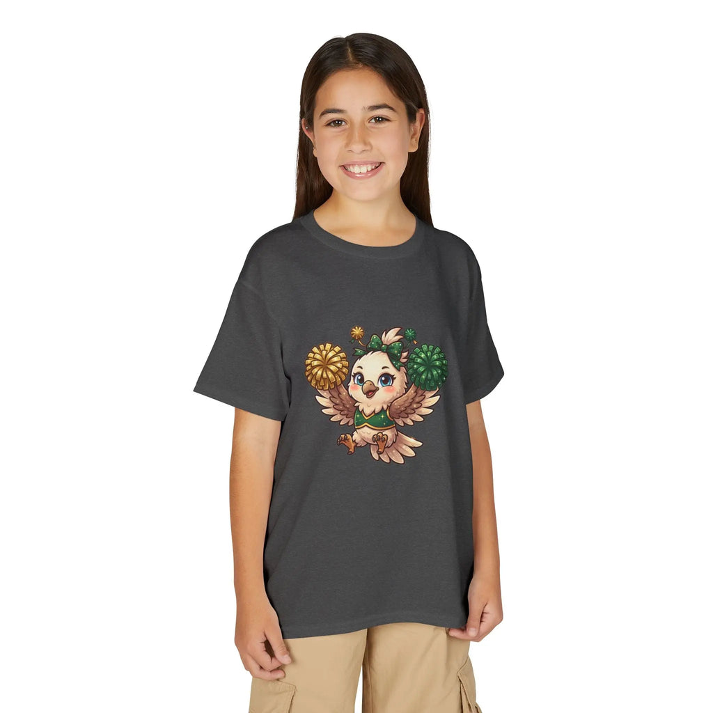 Youth Cheerleader Owl T-Shirt — Cute Pom-Pom Mascot Tee for Kids Printify