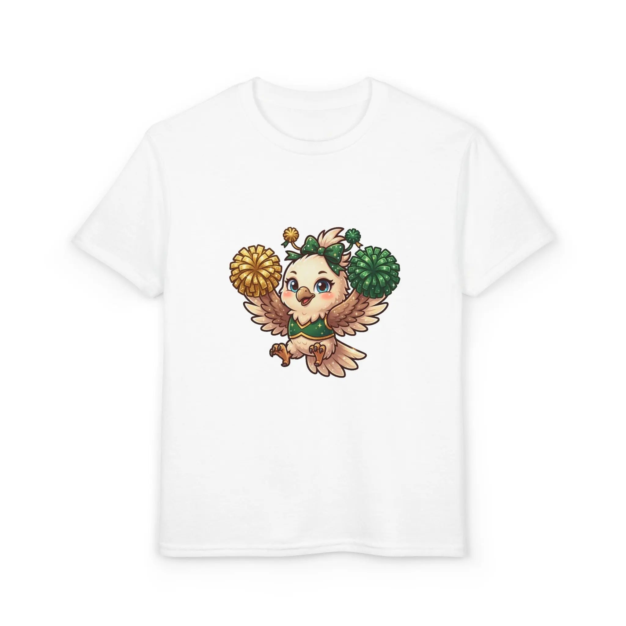 Youth Cheerleader Owl T-Shirt — Cute Pom-Pom Mascot Tee for Kids Printify