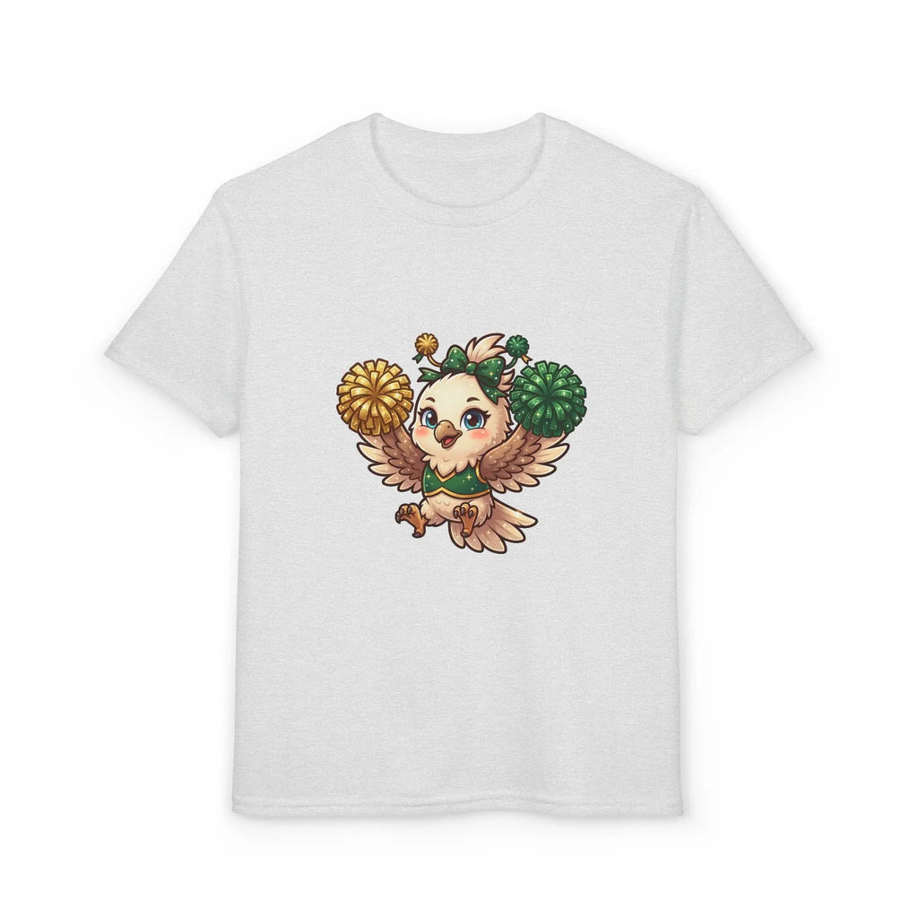 Youth Cheerleader Owl T-Shirt — Cute Pom-Pom Mascot Tee for Kids Printify